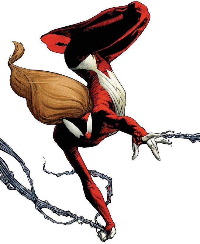 Female Superhero in Red Suit — Dynamic, Comic, Webbing