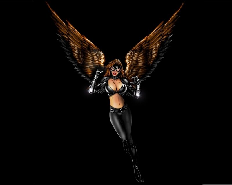 Female Superhero with Wings — Black, Dramatic, Digital Art