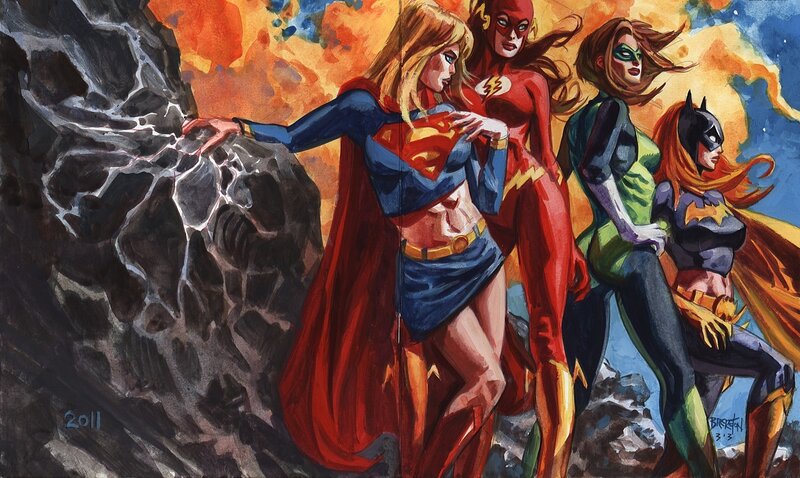 Female Superheroes in Action — Red, Dramatic, Illustration