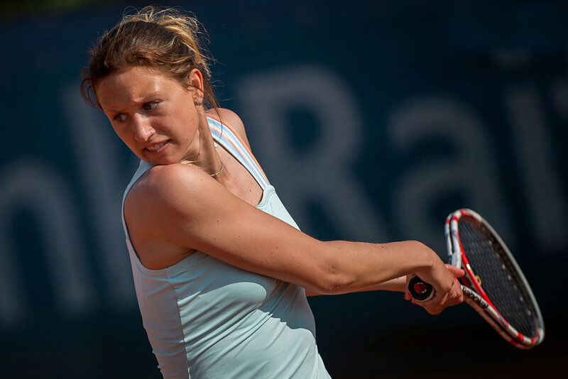 Female Tennis Player — Blue, Intense, Afternoon, Photograph, Tennis Racket, Tank Top