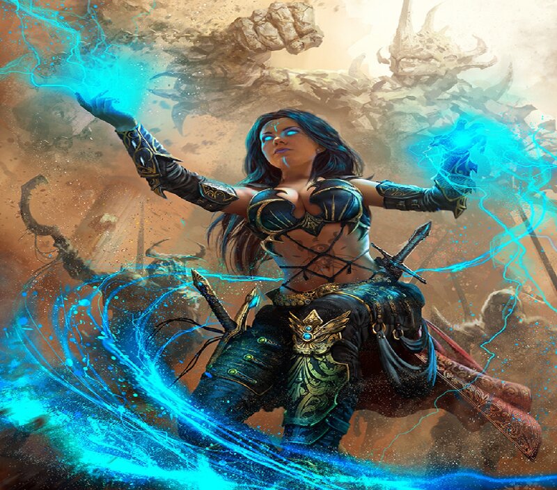 Female Warrior Casting Spell — Blue, Dramatic, Digital Art, Magic