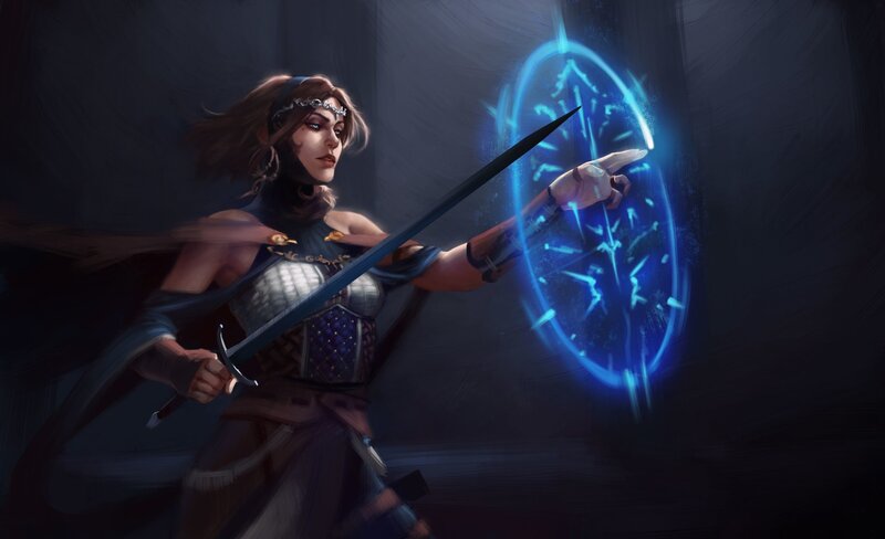 Female Warrior Casting Spell — Blue, Dramatic, Night, Digital Art, Sword
