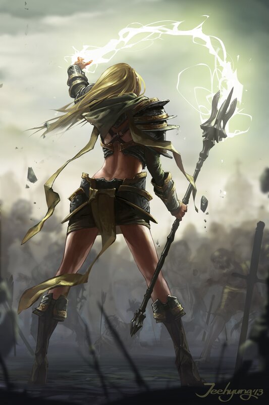 Female Warrior Casting Spell — Gray