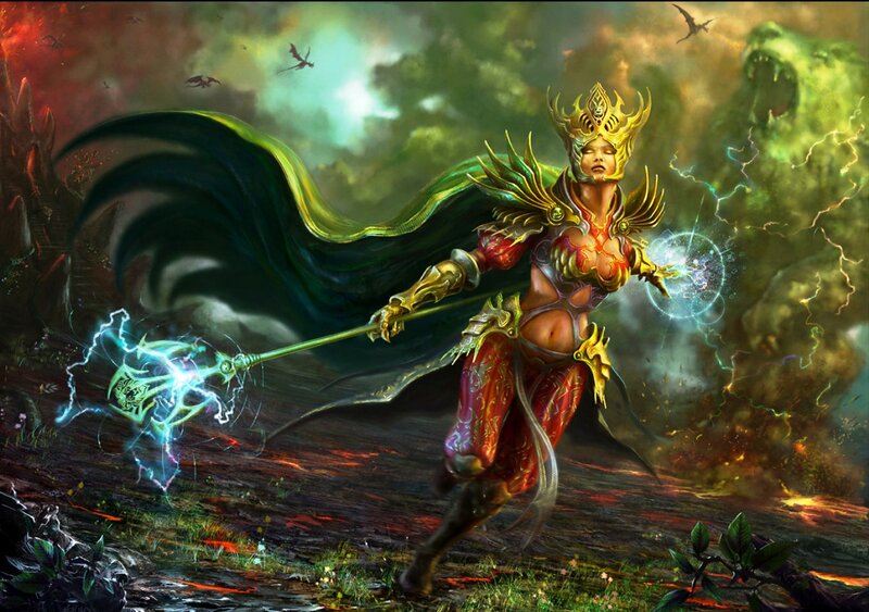 Female Warrior Casting Spell — Green, Dramatic, Digital Art