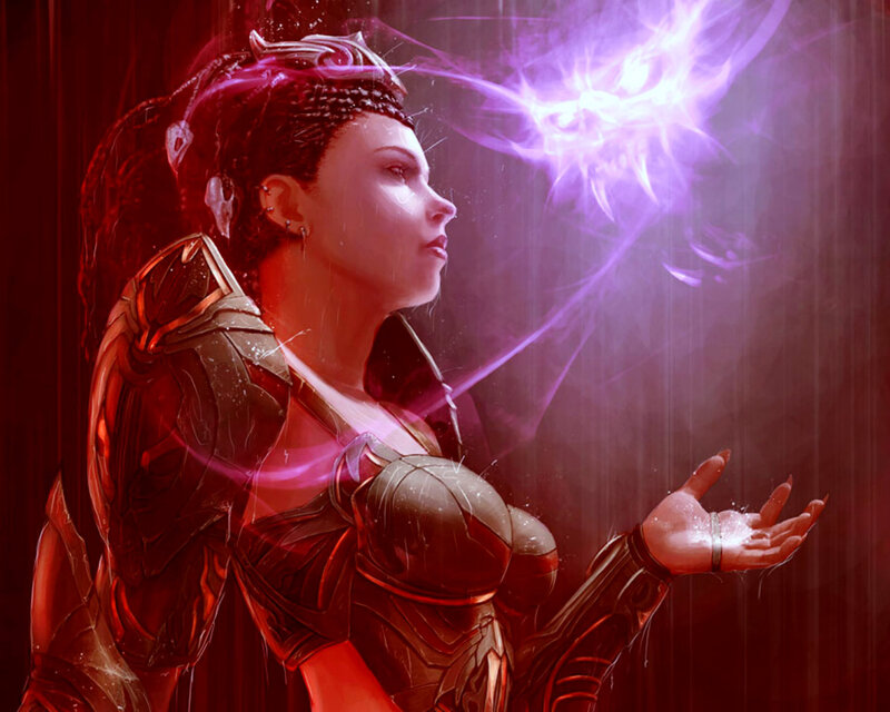 Female Warrior Casting Spell — Purple, Dramatic, Night
