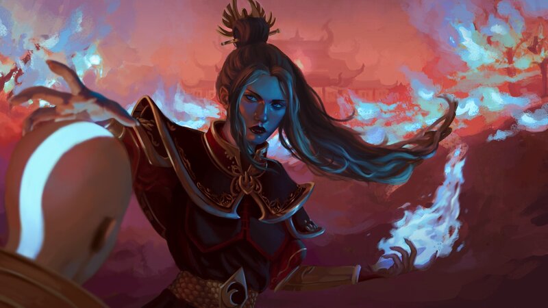 Female Warrior Casting Spell — Red, Dramatic, Digital Art, Fire
