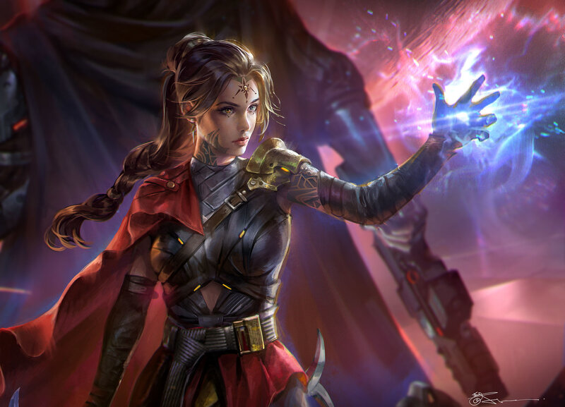 Female Warrior Casting Spell — Red, Dramatic, Digital Art, Magic