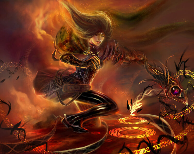 Female Warrior Casting Spell — Red, Dramatic, Digital Art