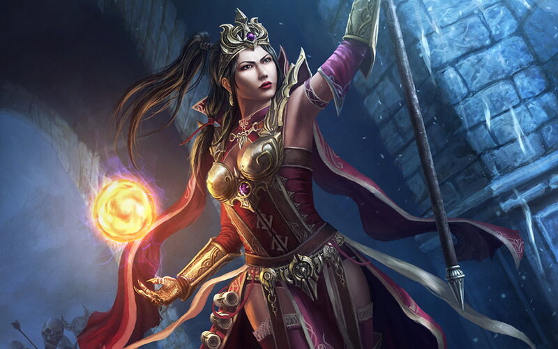 Female Warrior Casting Spell — Red, Dramatic, Night