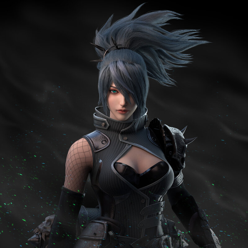 Female Warrior Character — Black, Dramatic, 3d Render, Armor, Spiky Hair