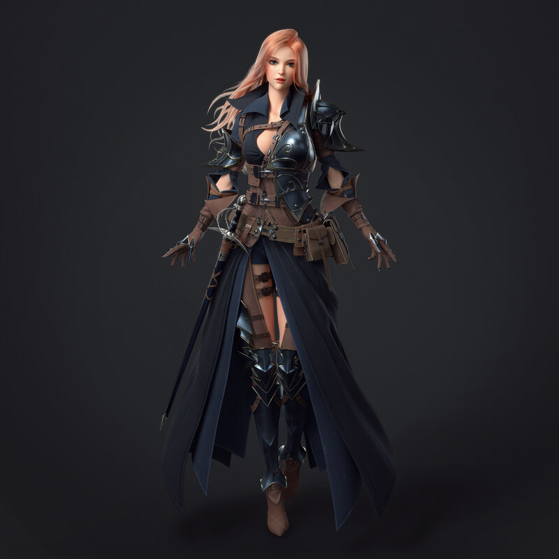 Female Warrior Character — Black, Dramatic, 3d Render, Sword, Armor, Cape