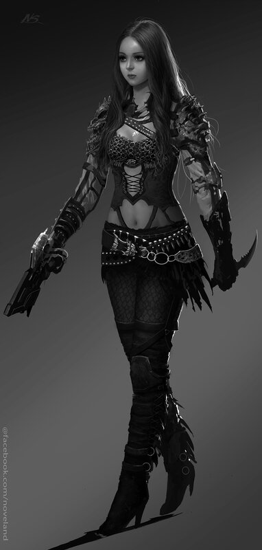 Female Warrior Character — Black, Dramatic, Digital Art, Gun