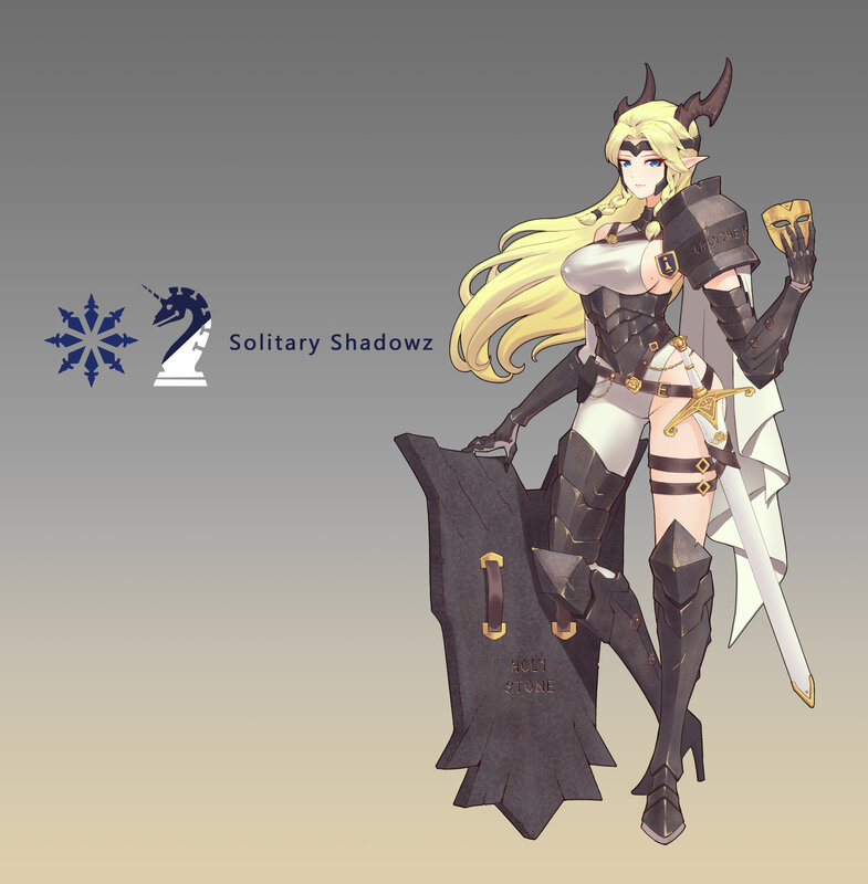 Female Warrior Character — Black, Dramatic, Digital Art, Sword, Shield, Mask