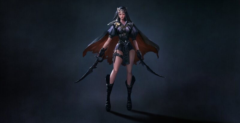 Female Warrior Character — Black, Dramatic, Night