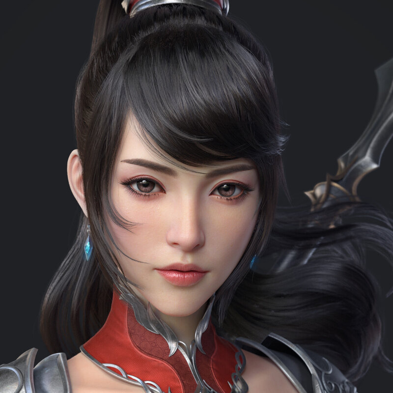 Female Warrior Character — Black, Serious, 3d Render, Armor, Sword