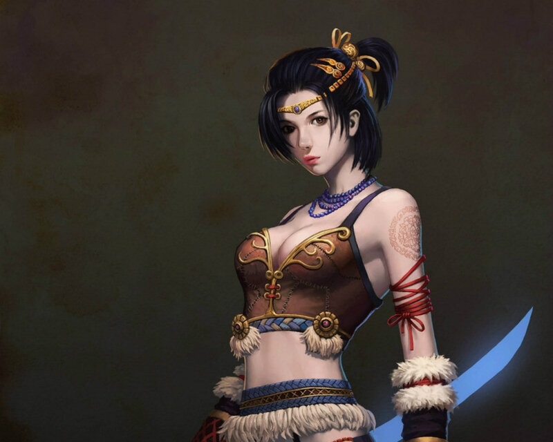 Female Warrior Character — Brown, Dramatic, Digital Art, Sword, Tattoo, Necklace