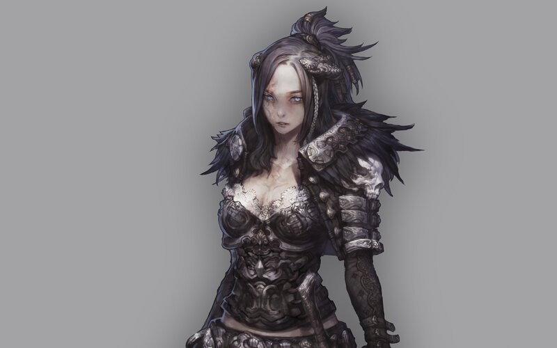 Female Warrior Character — Gray, Dramatic, Digital Art, Armor