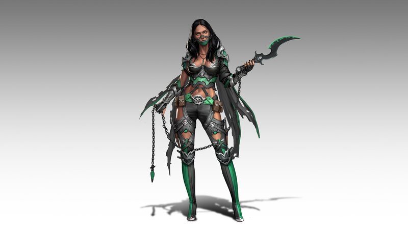 Female Warrior Character — Green, Dramatic, Digital Art, Sword