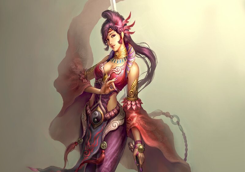 Female Warrior Character — Purple, Dramatic, Digital Art, Sword, Cape