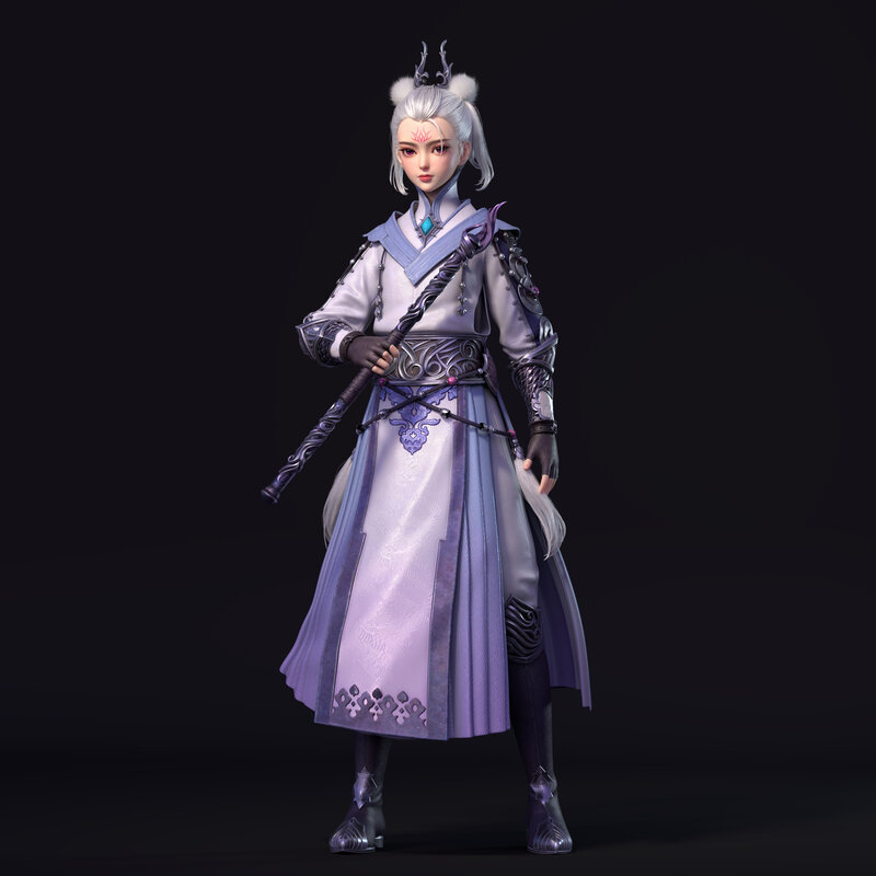 Female Warrior Character — Purple, Serious