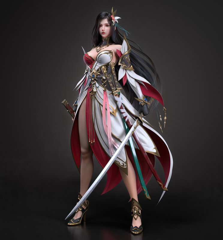 Female Warrior Character — White, Dramatic, 3d Render, Sword