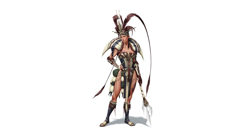 Female Warrior Character — White, Dramatic, Digital Art, Feathered Headdress