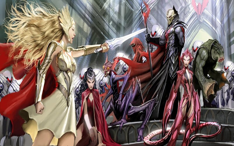 Female Warrior Confronting Villains — Red, Dramatic