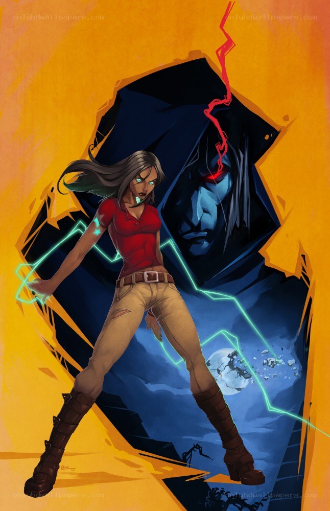 female warrior facing a dark figure