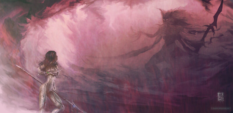 Female Warrior Facing Demon — Pink
