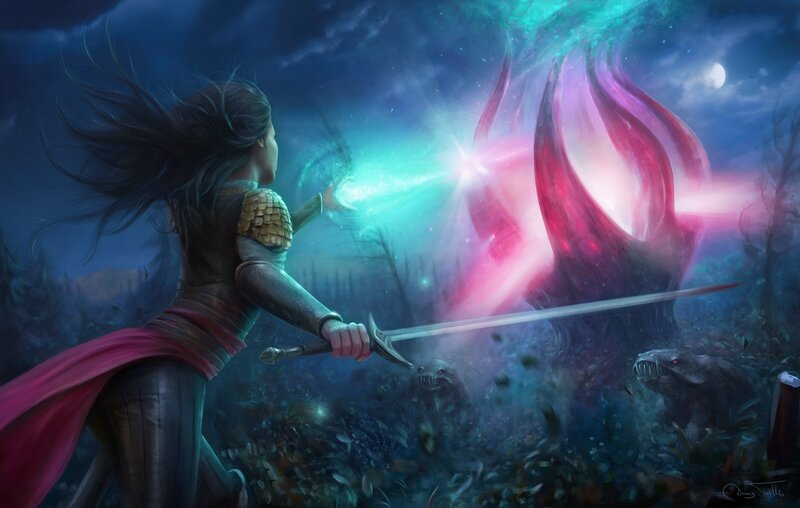 Female Warrior Fighting — Blue, Dramatic