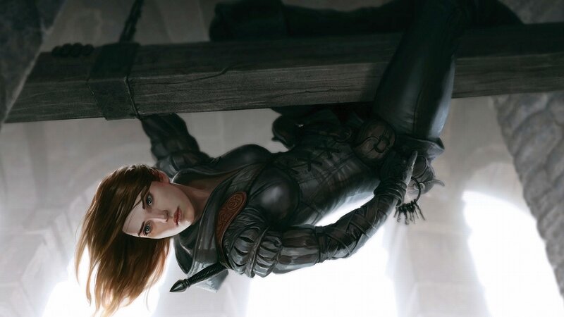 female warrior hanging from beam