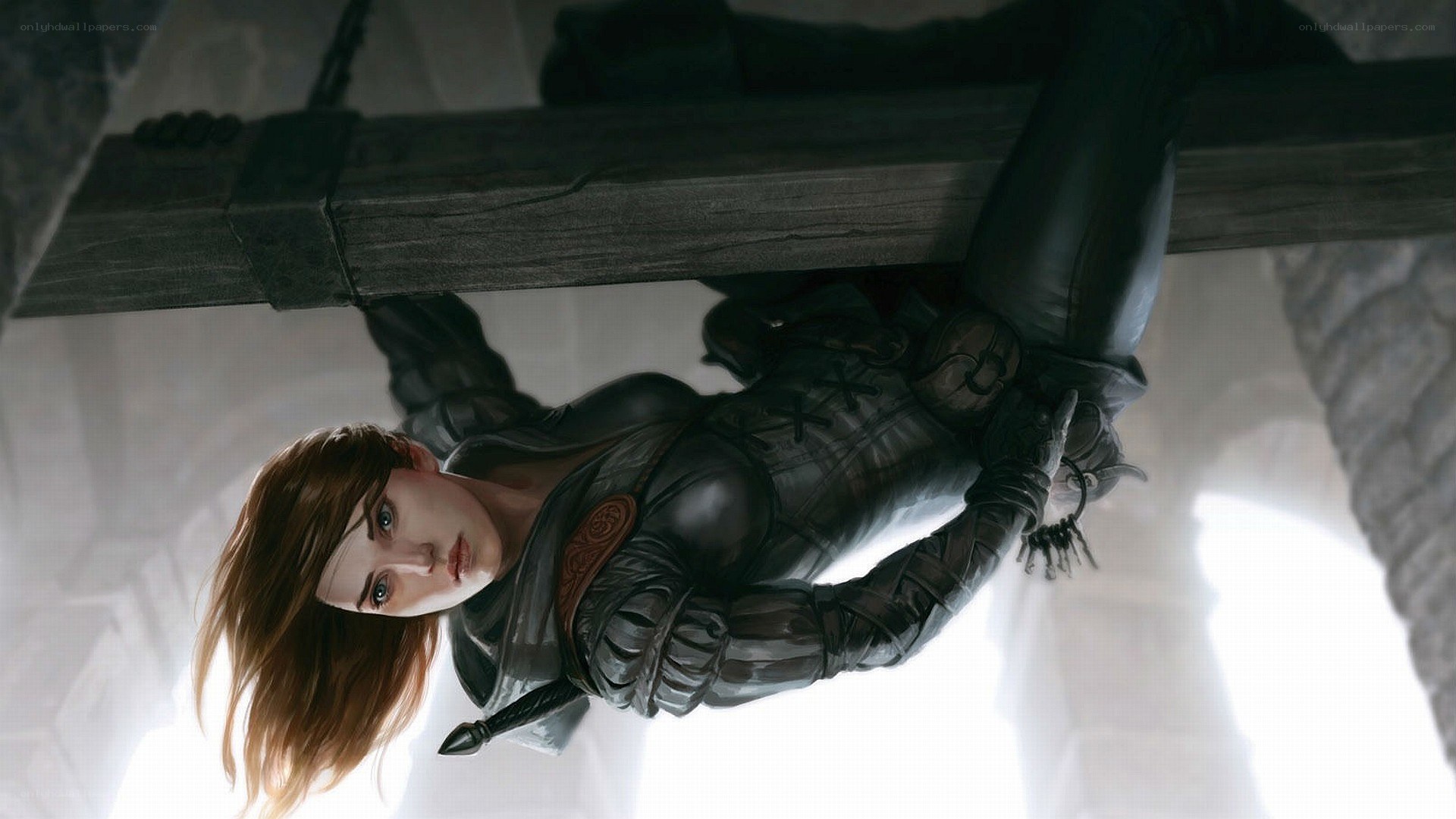 female warrior hanging from beam