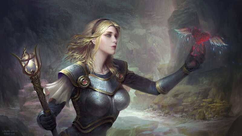 Female Warrior Holding Staff — Gray