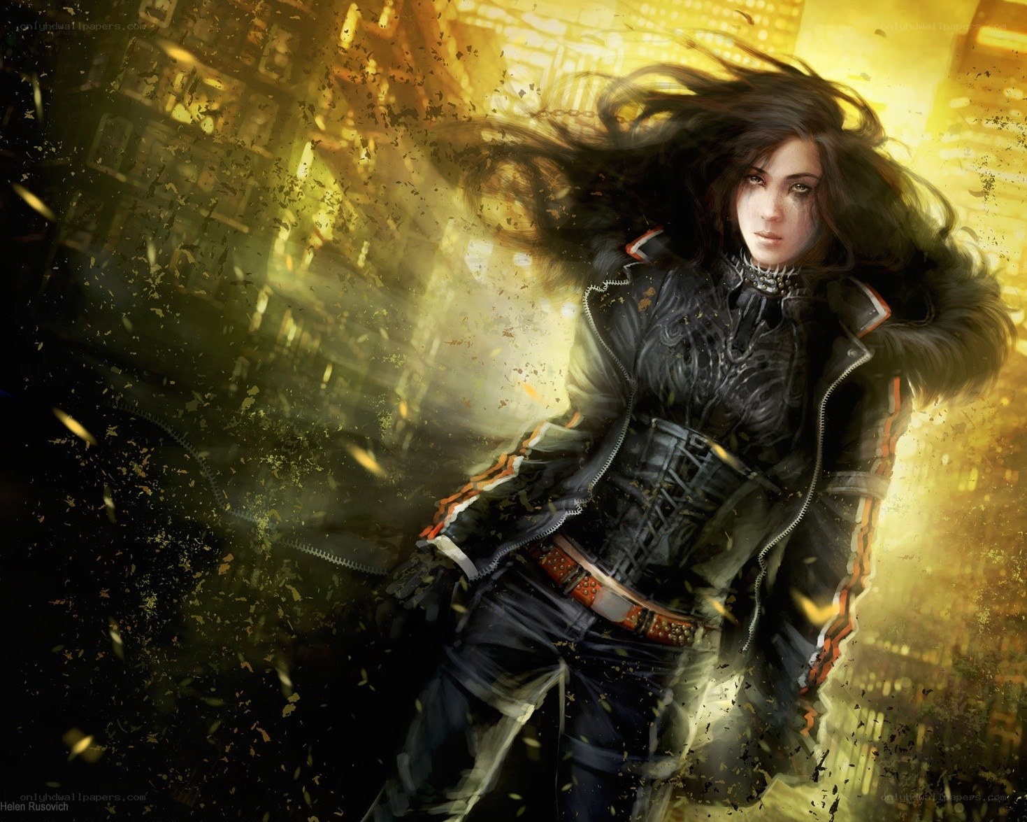 female warrior in a city explosion