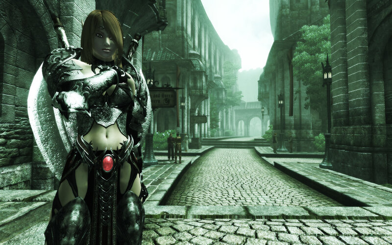 female warrior in a fantasy city