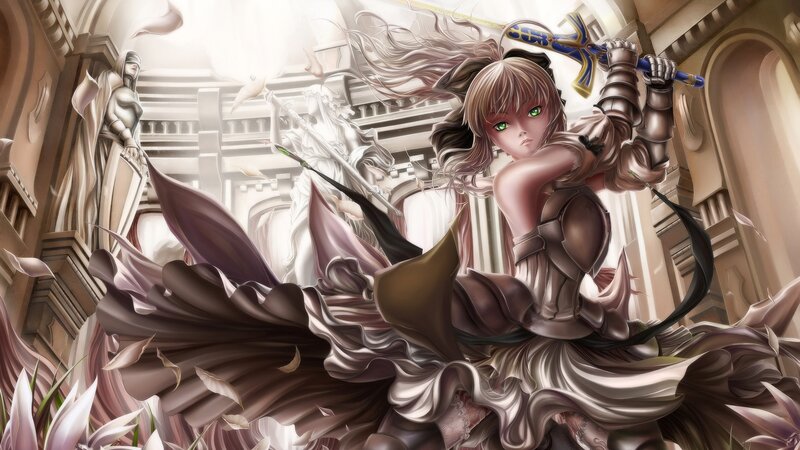 female warrior in a grand hall