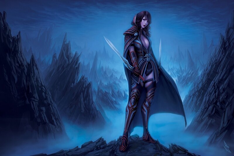 female warrior in a mountainous landscape