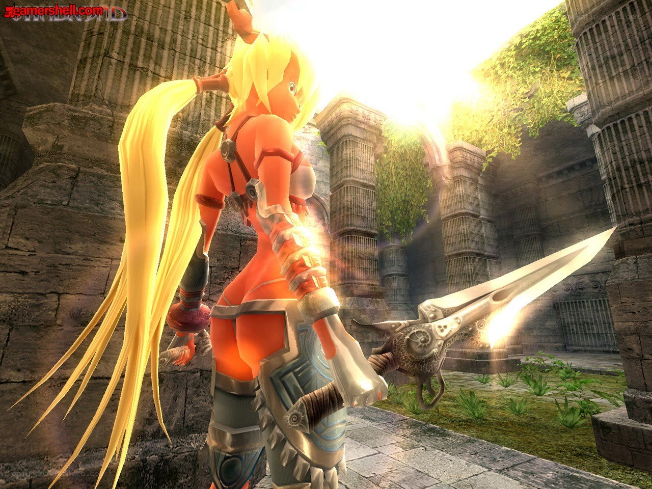 female warrior in ancient ruins
