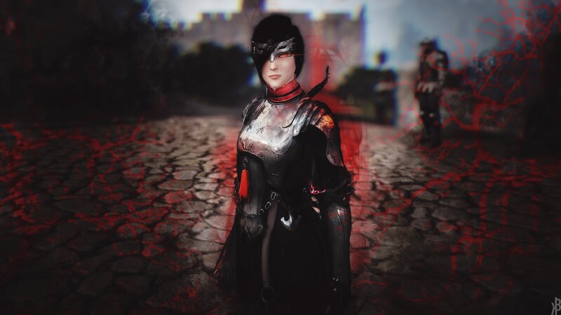 Female Warrior in Armor — Black, Dramatic, Digital Art, Castle
