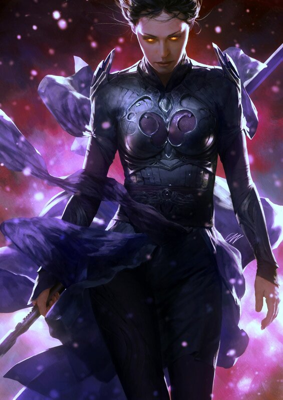 Female Warrior in Armor — Black, Dramatic, Digital Art, Glowing Eyes