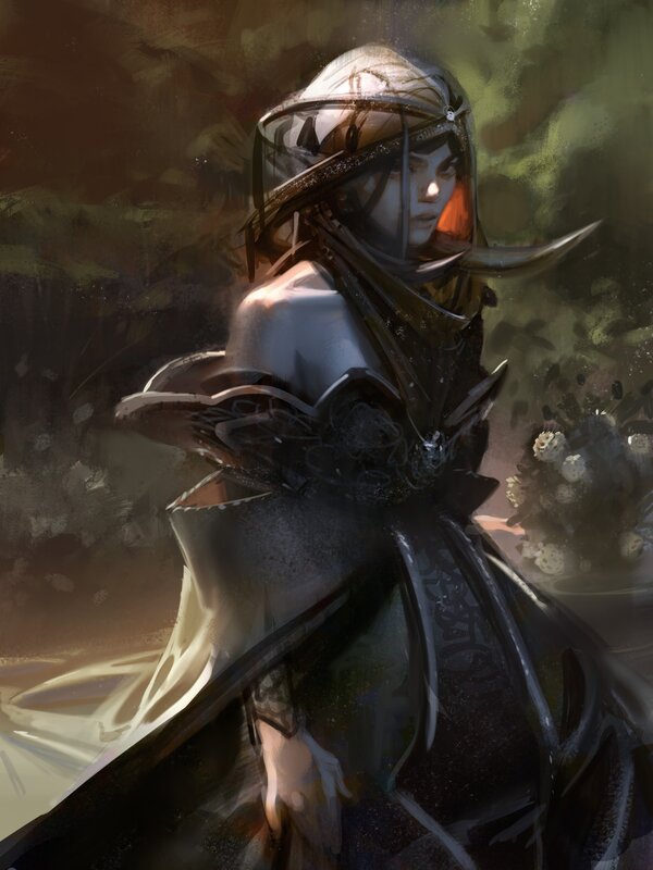 Female Warrior in Armor — Black, Dramatic, Digital Art, Hood