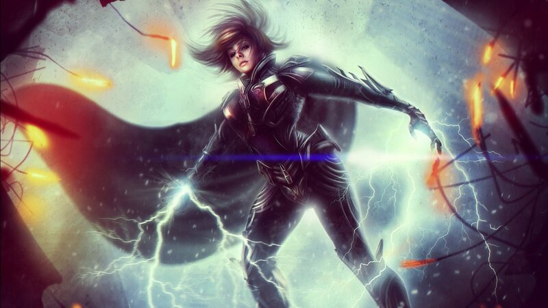 Female Warrior in Armor — Black, Dramatic, Digital Art, Lightning, Fire