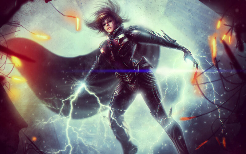 Female Warrior in Armor — Black, Dramatic, Digital Art, Lightning