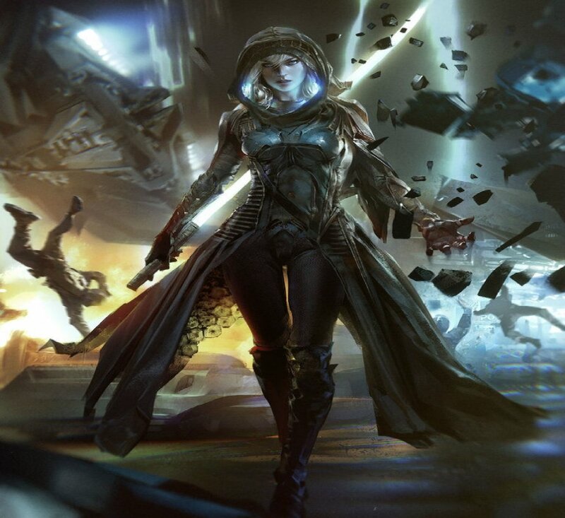 Female Warrior in Armor — Black, Dramatic, Digital Art, Lightsaber