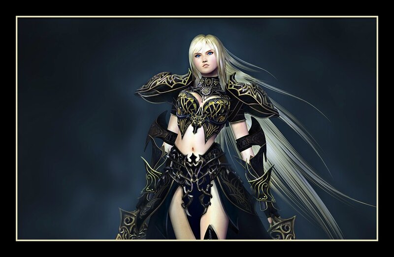 Female Warrior in Armor — Black, Dramatic, Digital Art, Long Blonde Hair
