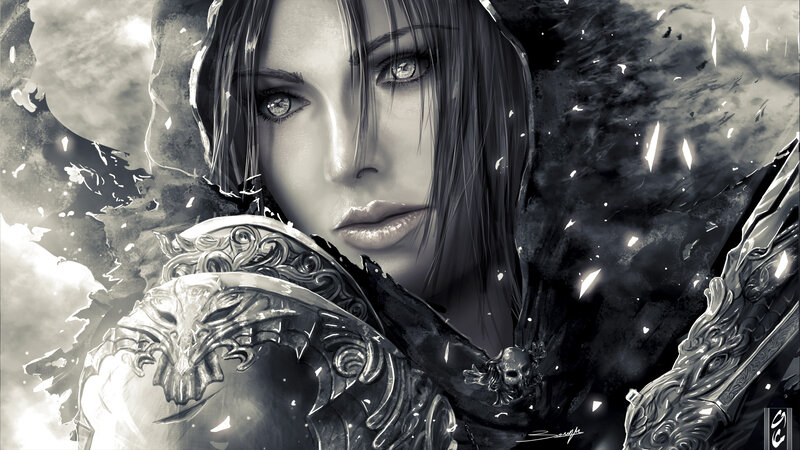 Female Warrior in Armor — Black, Dramatic, Digital Art, Skull