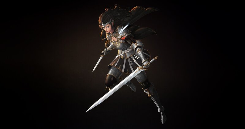 Female Warrior in Armor — Black, Dramatic, Digital Art, Sword, Cape
