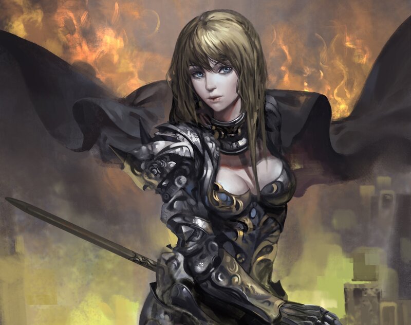 Female Warrior in Armor — Black, Dramatic, Digital Art, Sword, Fire