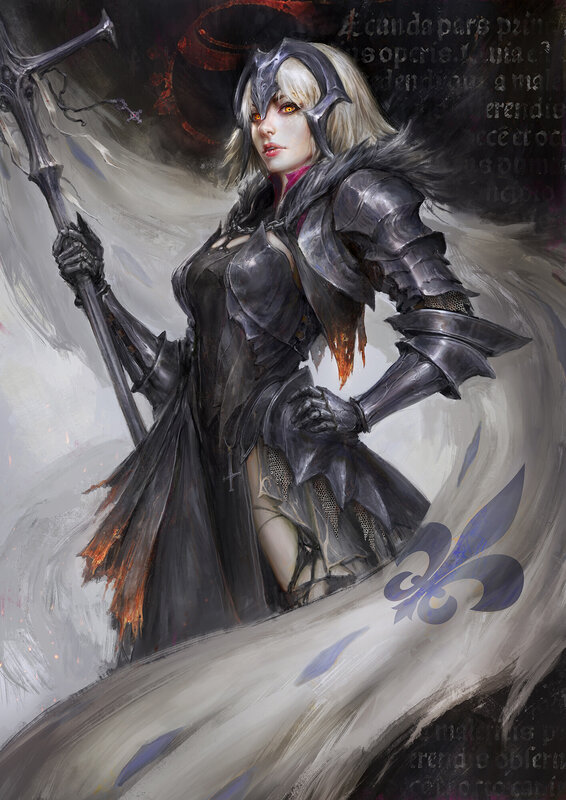 Female Warrior in Armor — Black, Dramatic, Digital Art, Sword, Flame