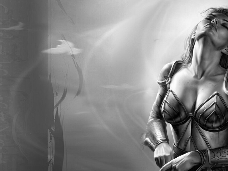 Female Warrior in Armor — Black, Dramatic, Digital Art, Sword, Light